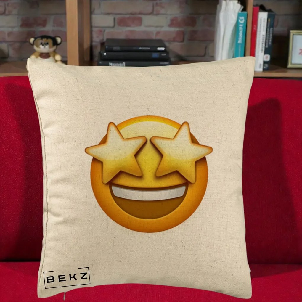 Perna Decorativa Emoji Ochi Stele, 40x40 cm, Bej, Husa Detasabila, Perna Inclusa, BEKZ®
