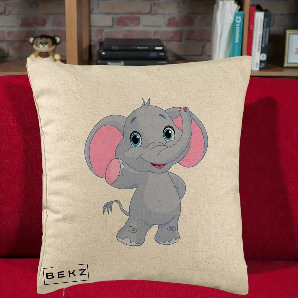 Perna Decorativa Pui de Elefant Kawaii, 40x40 cm, Bej, Husa Detasabila, Perna Inclusa, BEKZ®