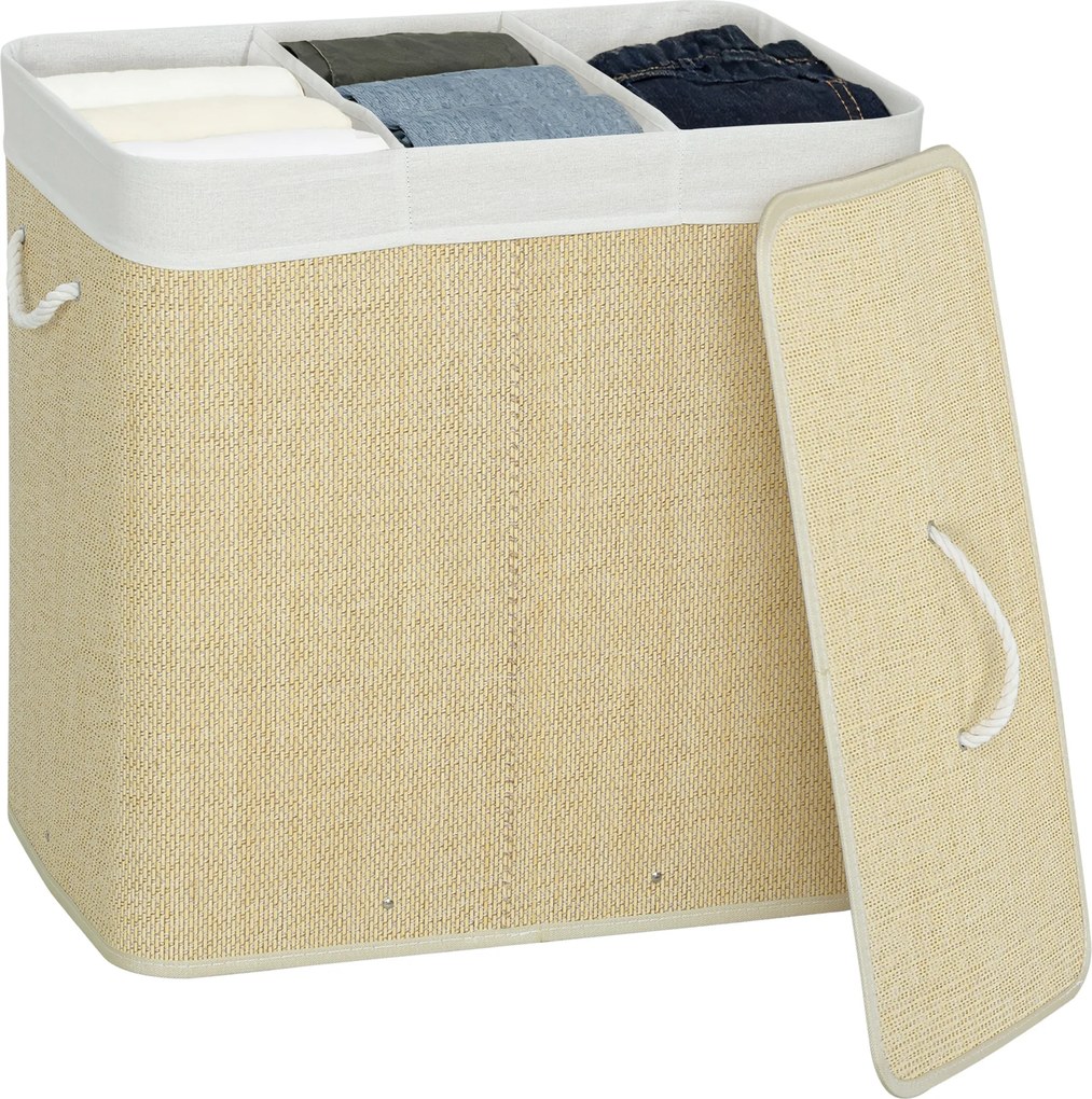 HOMCOM Coș pentru rufe murdare 144 L din bambus cu 3 compartimente mânere sac interior detașabil 60x40x60 cm crem | Aosom Romania