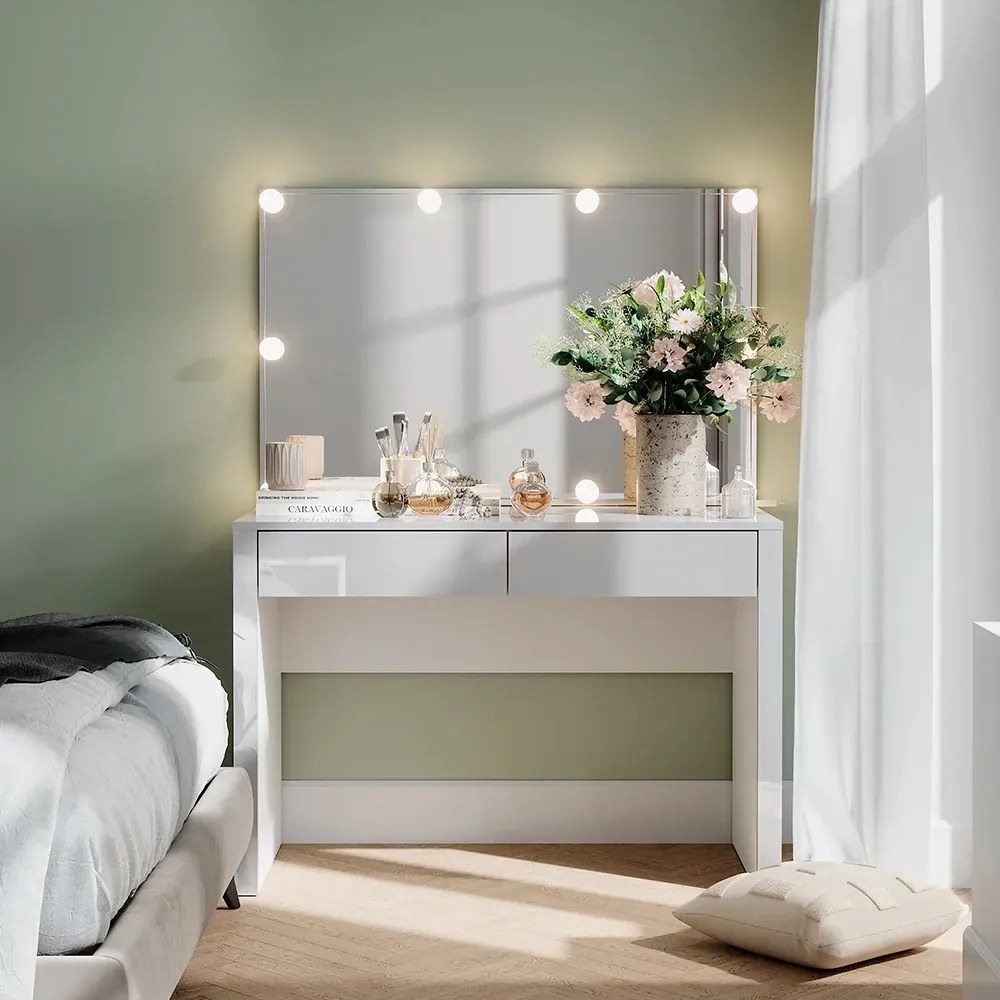 SEA812 - Set Masa toaleta, 110 cm, moderna cosmetica machiaj oglinda cu sau fără LED, masuta vanity cu sau fără Scaun - Alb Lucios