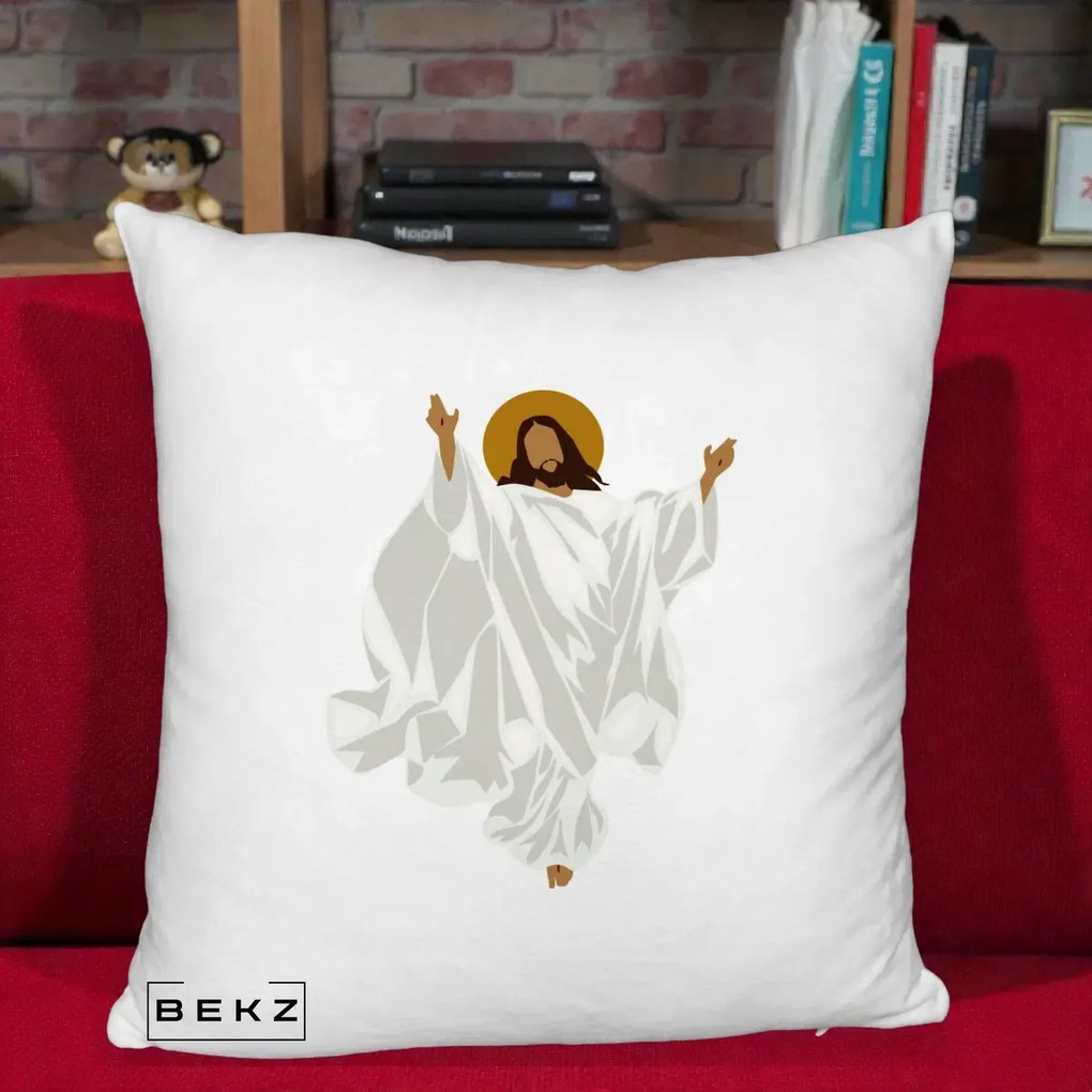Perna decorativa Iisus Hristos Invierea Silueta Minimalista, 40x40 cm cu Umplutura, Alb Pufos, BEKZ