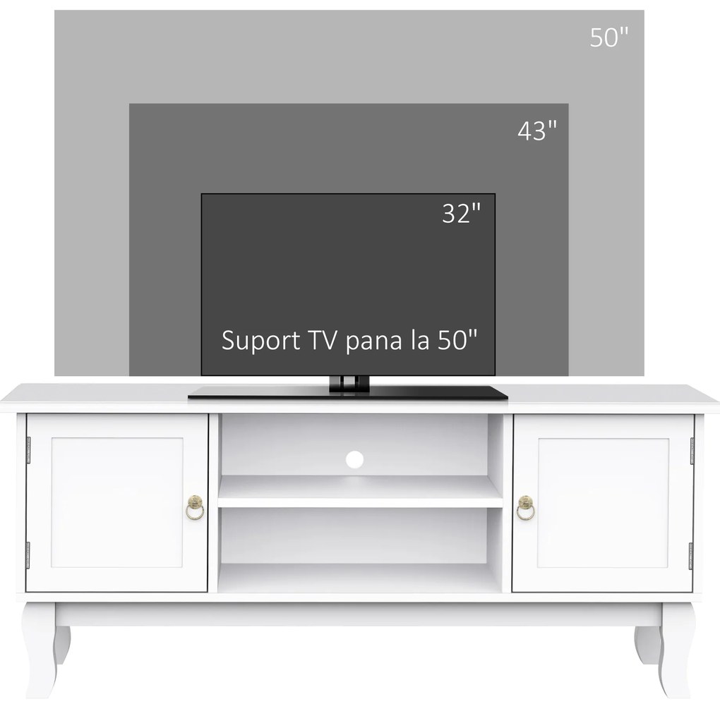 Suport pentru TV cu Dulap din MDF si lemn de Pin Stil Clasic, Alb Mat, 120x45x50cm HOMCOM | Aosom Romania