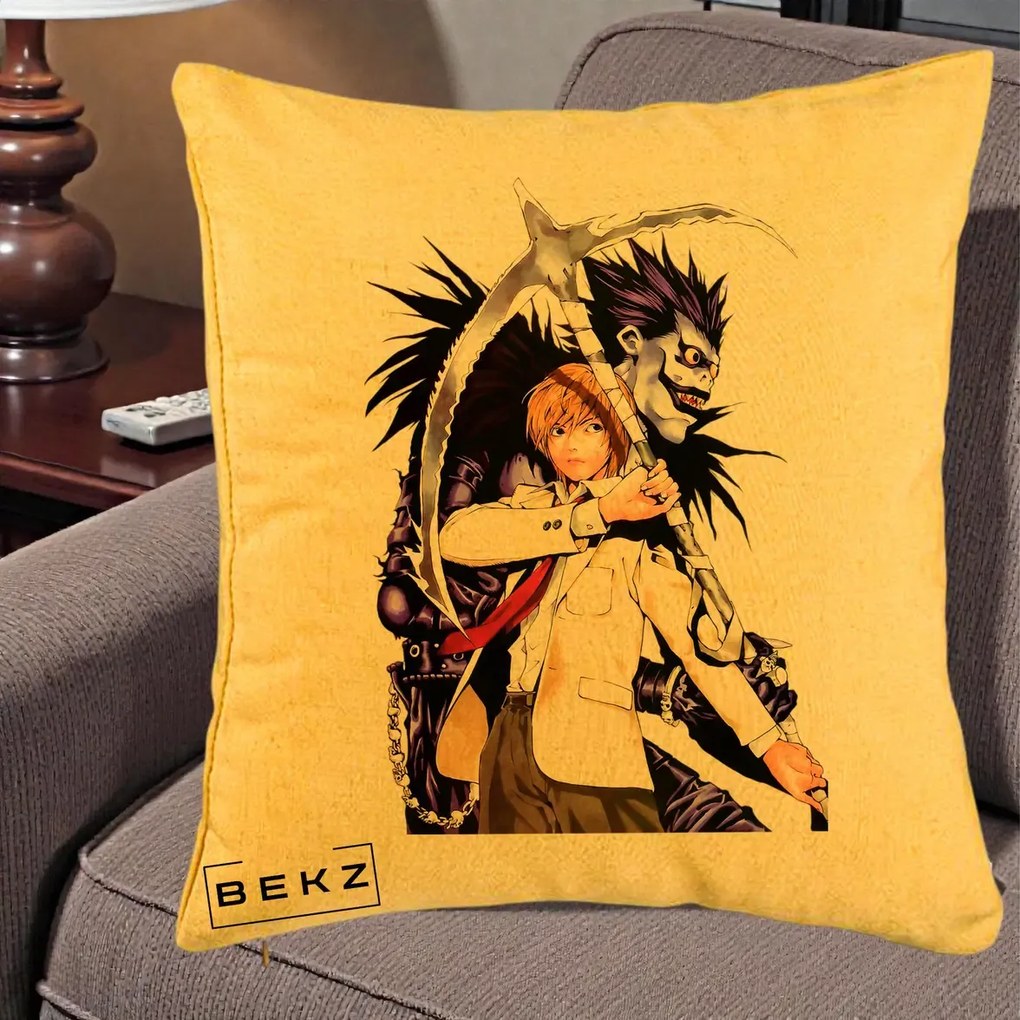 Perna Personalizata Death Note Light si Ryuk Duo, 40x40 cm, Galben, Husa Detasabila, Perna Inclusa, BEKZ®