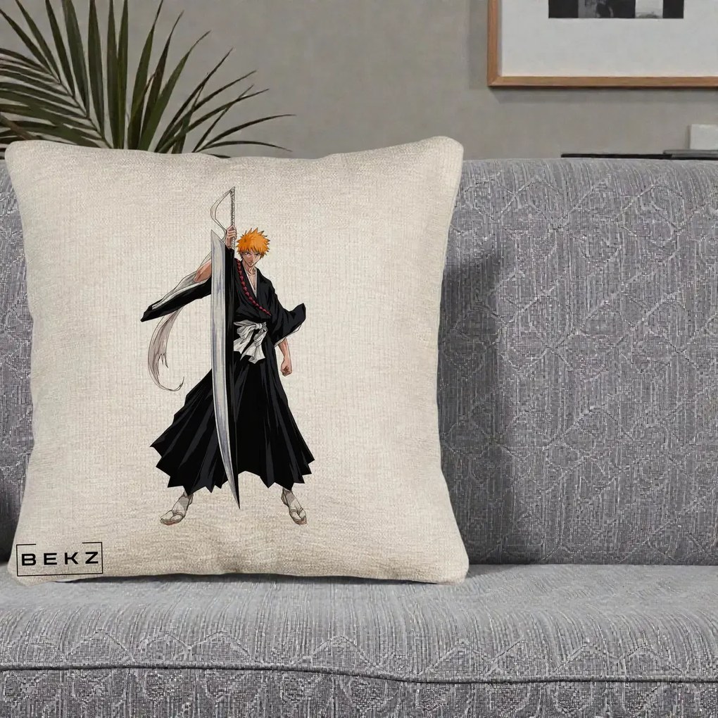Perna Personalizata Bleach Ichigo Kurosaki Zangetsu, 40x40 cm, Bej Canapea, Husa Detasabila, Perna Inclusa, BEKZ®
