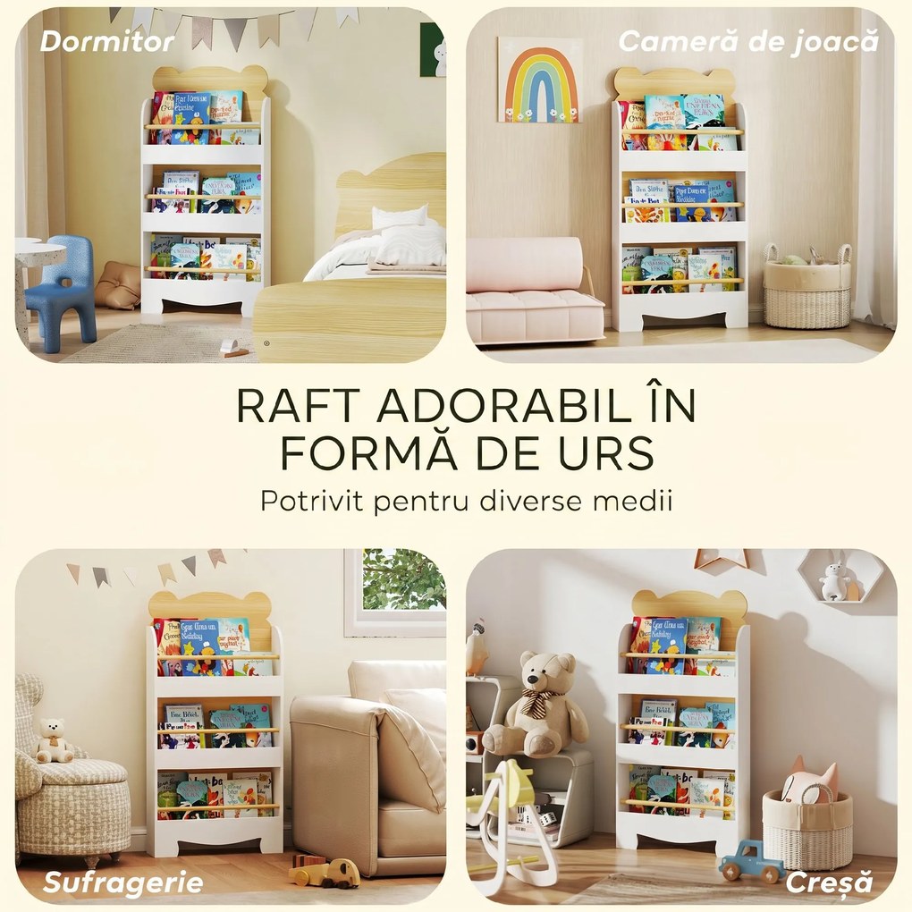 AIYAPLAY Bibliotecă pentru Copii cu 3 Rafturi în Formă de Ursuleț, cu Bariere Frontale, 55x15x110 cm, Culoare Lemn | Aosom Romania