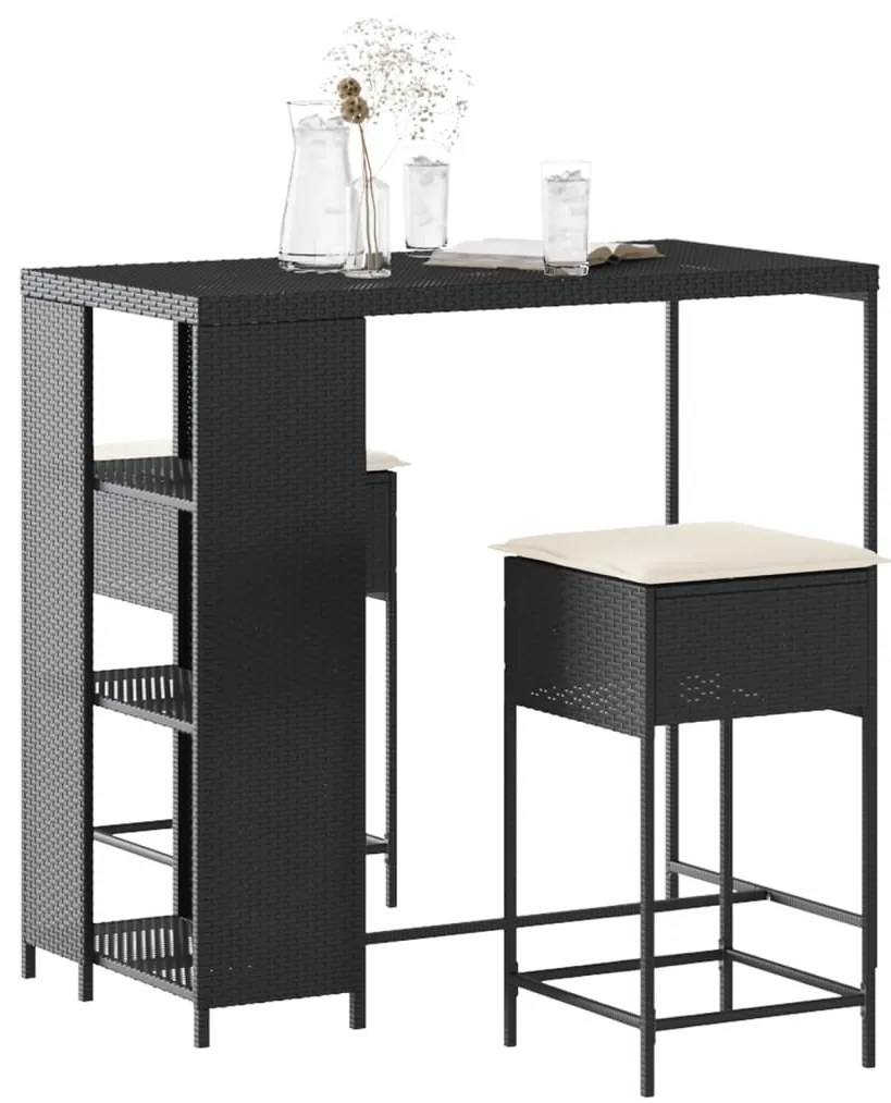 3261492 vidaXL Set mobilier bar de grădină cu perne, 3 piese, negru, poliratan