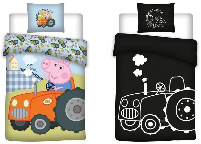 Purcelușa Peppa George&#039;s Tractor lenjerie de pat pentru copii fosforescentă 100x135cm, 40x60cm