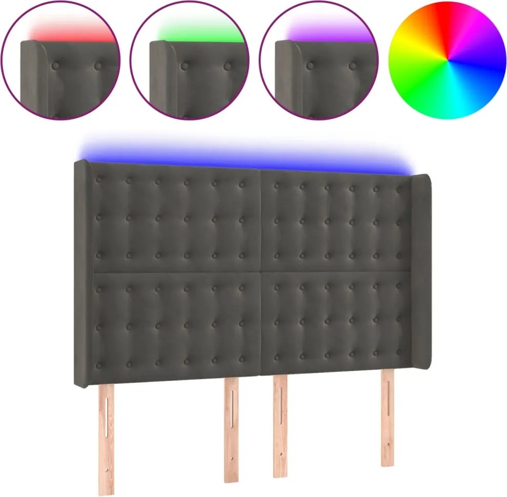 vidaXL Tăblie de pat cu LED, gri închis, 147x16x118/128 cm, catifea