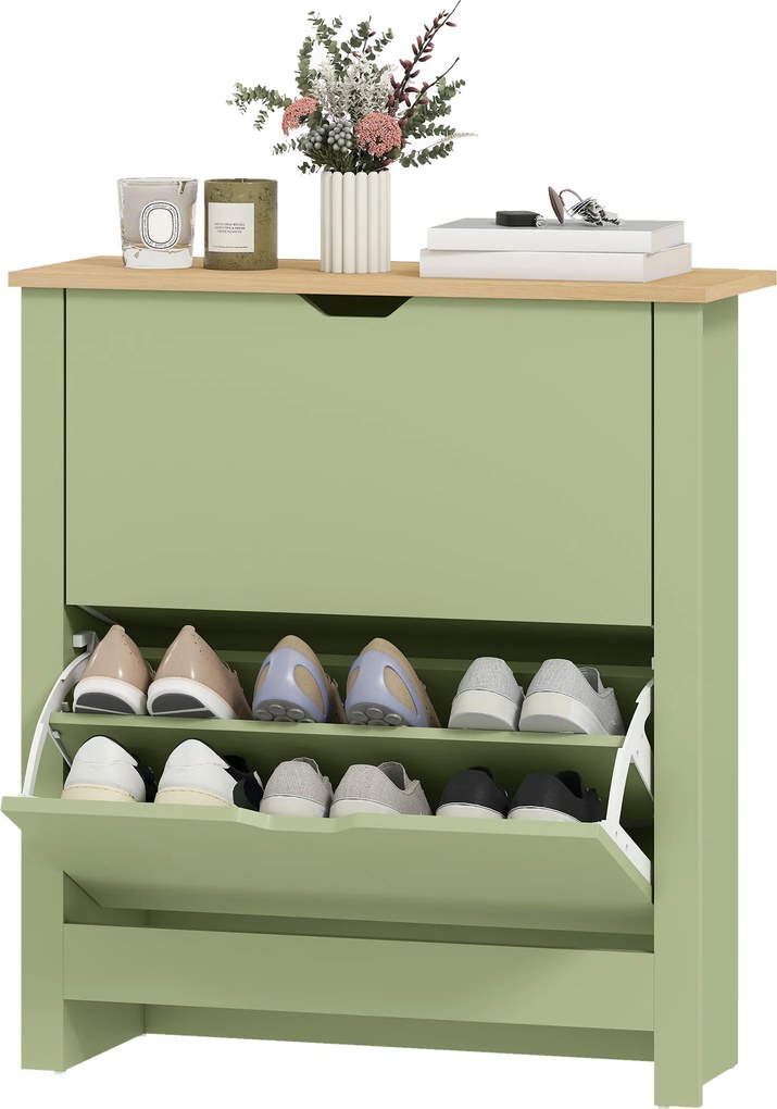 HOMCOM Dulap pentru încălțăminte 12 perechi, dulap îngust cu 2 sertare rabatabile și rafturi reglabile, verde | Aosom Romania