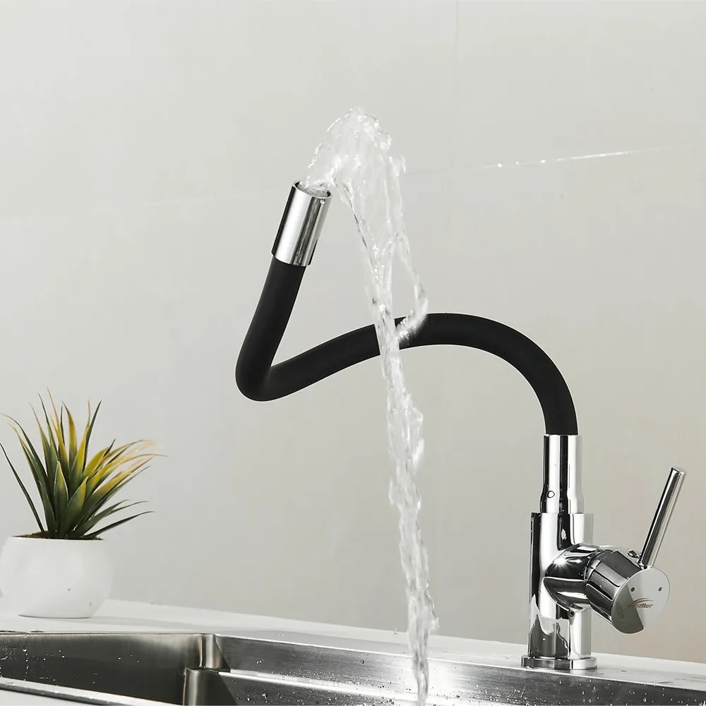 Robinet mixer pentru chiuvetă cu piedestal Corin cu gura de scurgere flexibilă negru