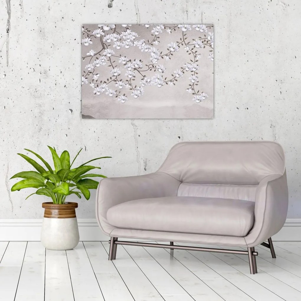 Tablou pe sticlă - Flori într-un peisaj gri (70x50 cm)