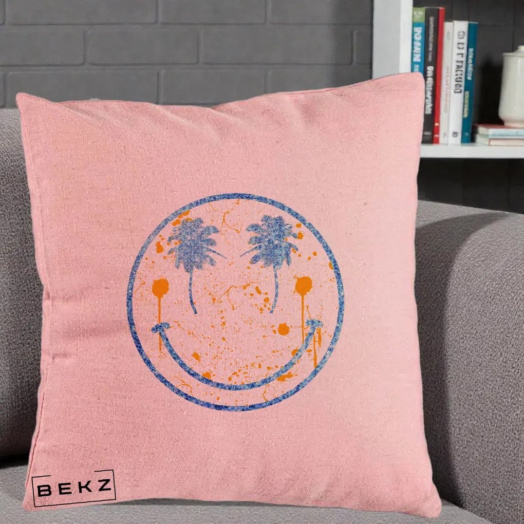 Perna Decorativa Smiley Face Tropical Albastru Glitter si Portocaliu, 40x40 cm, Roz, Husa Detasabila, Perna Inclusa, BEKZ®