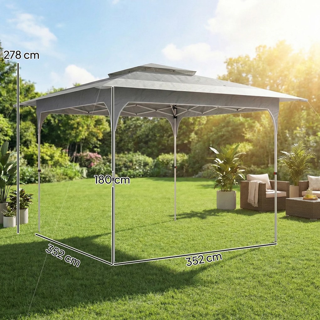 Outsunny Pavilion Pliabil 3.5x3.5 m Pop Up, Montare Ușoară cu Buton Central, Pavilion de Grădină Reglabil pe Înălțime cu Acoperiș Dublu, Geantă de Transport, UV50+, pentru Exterior, Gri Închis | Aosom Romania