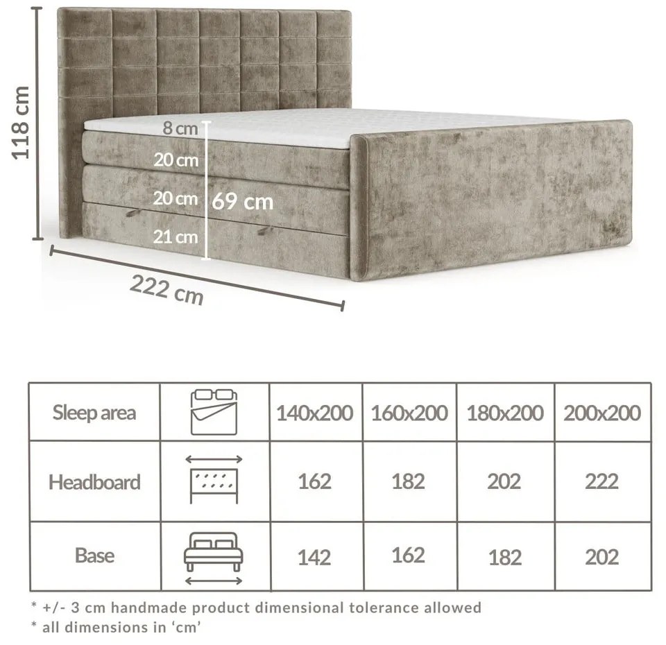 Pat boxspring maro deschis cu spațiu de depozitare 180x200 cm Ava – Maison de Rêve