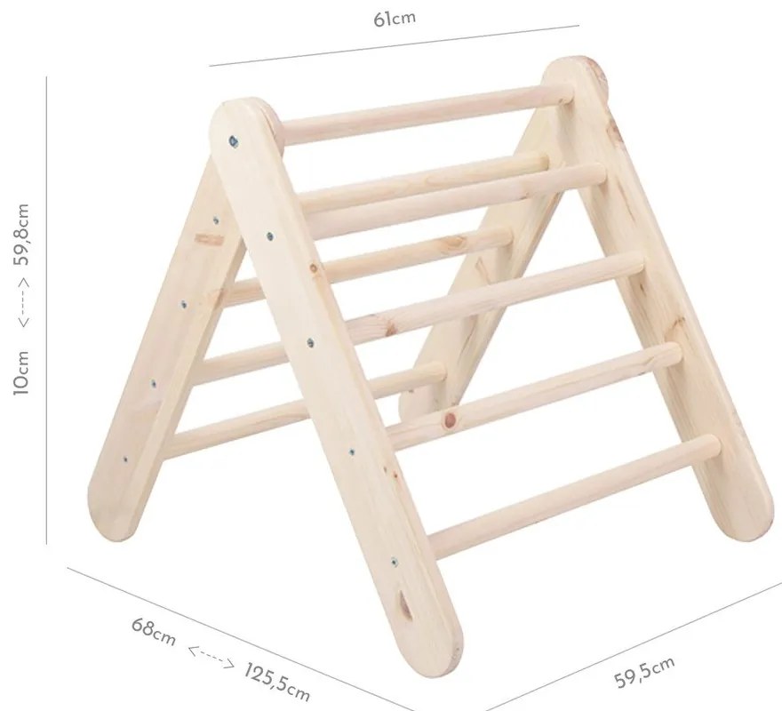 Triunghi Pikler de cățărat albastru deschis/în culoare naturală din lemn de pin 61x60x60 cm Montessori – Meowbaby