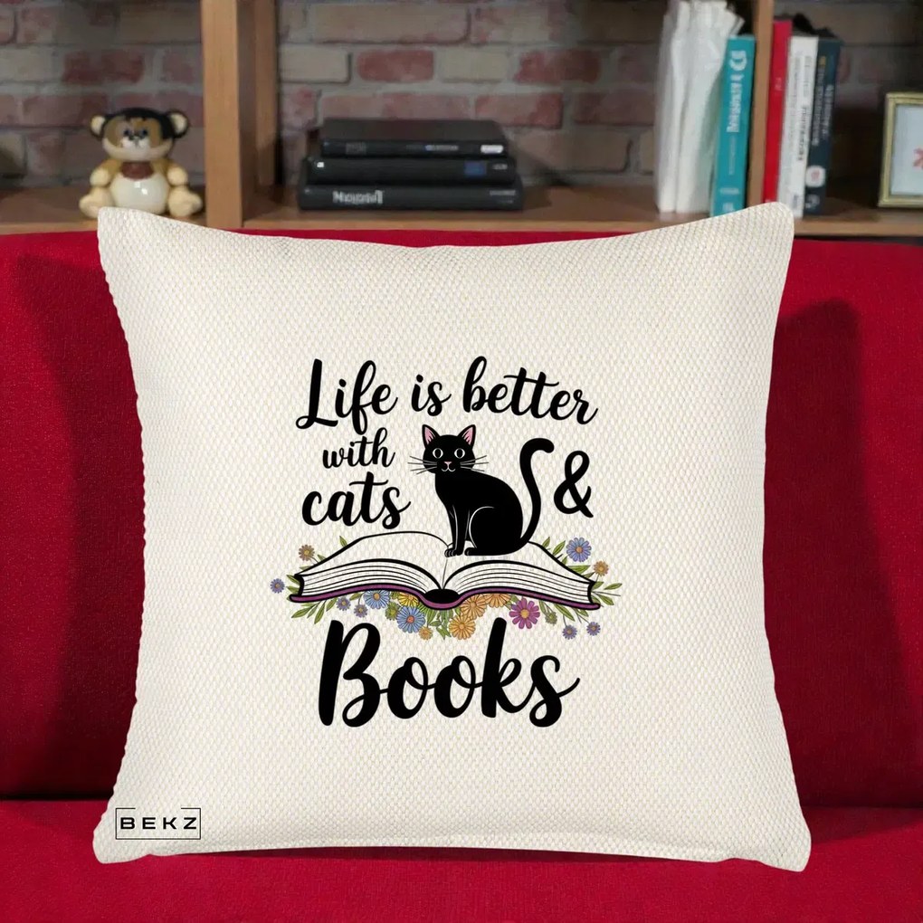 Perna Personalizata Life is Better Cats and Books, 40x40 cm, Crem Reliefat, Husa Detasabila, Perna Inclusa, BEKZ®