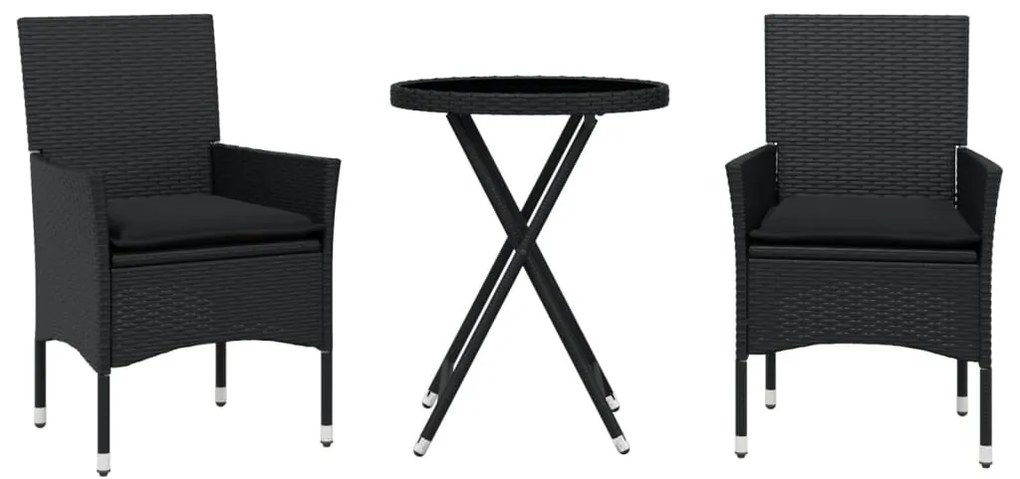 3278748 vidaXL Set bistro cu perne, 3 piese, negru, poliratan și sticlă