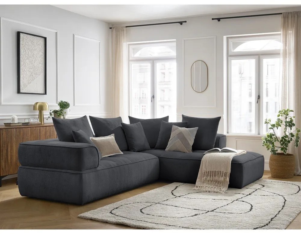 Colțar gri închis cu tapițerie din chenille (cu colț pe partea dreaptă/în formă de ”L”) Whesley – Bobochic Paris