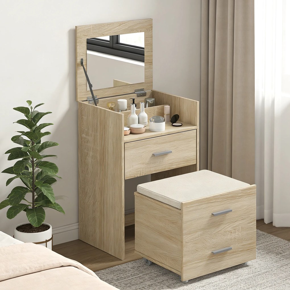 HOMCOM Masă de Toaletă cu Oglindă Rabatabilă, Natural | Aosom Romania