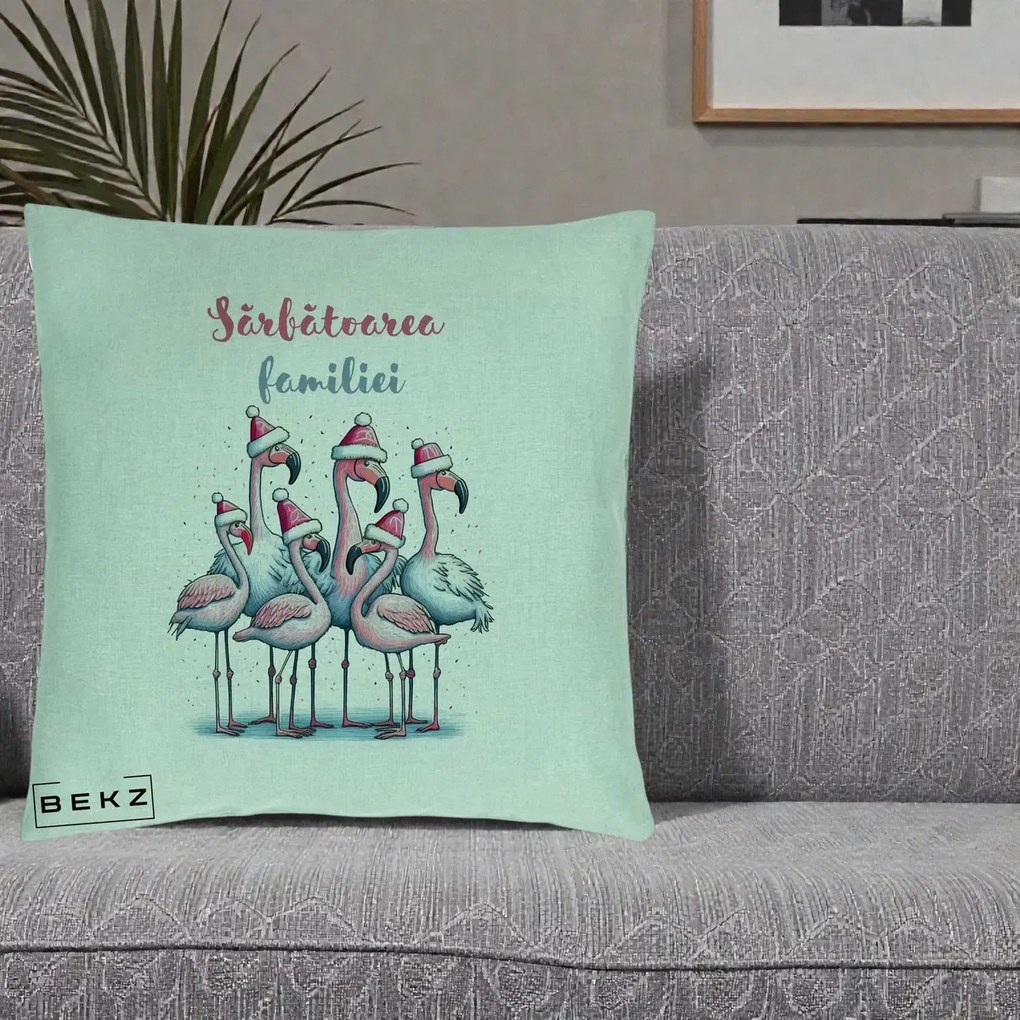 Perna Decorativa Flamingo Craciun Sarbatoarea Familiei, 40x40 cm, Verde Menta, Husa Detasabila, Perna Inclusa, BEKZ®