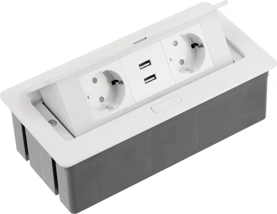Priză încorporabilă în blat Soft GTV, din oțel, 2 prize Schuko, 2 x USB A, alb, 240 x 120 mm Oțel, Alb, L:240 mm; l:120 mm; H:73 mm
