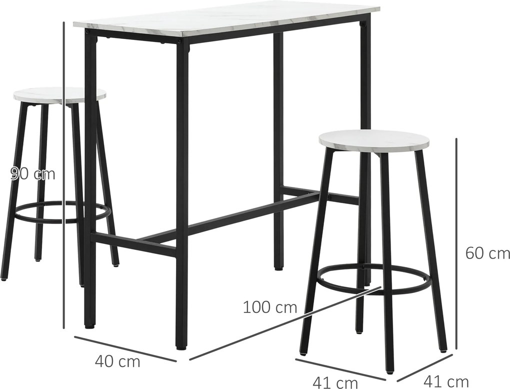 HOMCOM Set Masă și 2 Scaune de Bar din PAL, MDF și Oțel, 100x40x90 cm, Alb și Negru | Aosom Romania