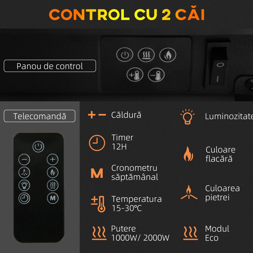 HOMCOM Șemineu Electric Independent și pentru Perete, cu Telecomandă și Protecție Împotriva Supraîncălzirii, 98x27x54,5 cm, Alb | Aosom Romania