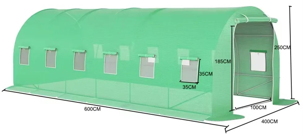 Solar de grădină, 4x6 m, 24 m², cadru din oțel, țeavă galvanizată, folie PE armată, 12 ferestre rulante, rezistent la UV, impermeabil, Verde, GH46,