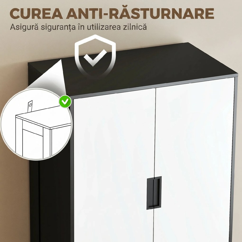 HOMCOM Dulap pentru Dormitor cu 2 Uși cu Închidere Amortizată, 3 Sertare, PAL, 80x50x180 cm, Alb și Negru | Aosom Romania