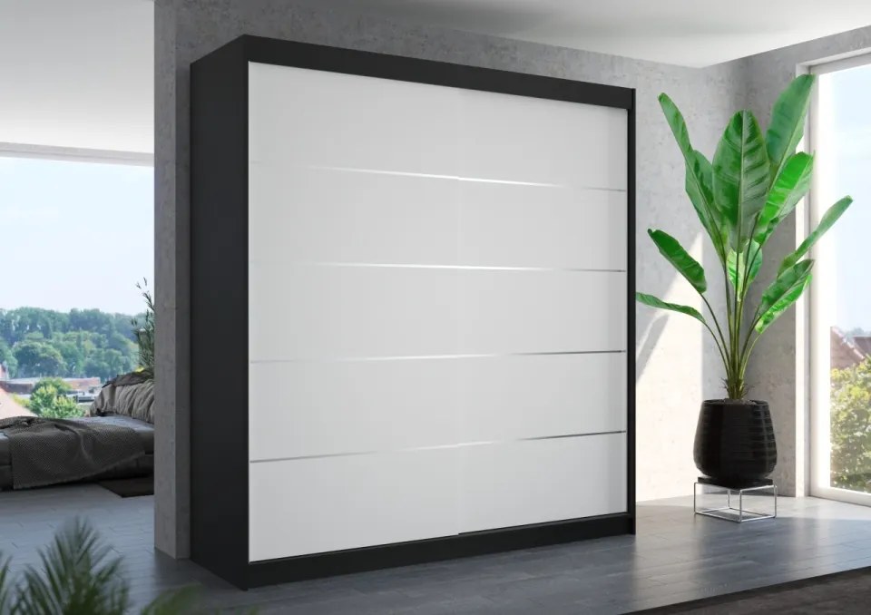 Dulap cu usi glisante Esteva 200x215 cm, 11 Rafturi + Bara pentru Umerase, ADRK Furniture (Culoare: Alb / Negru)