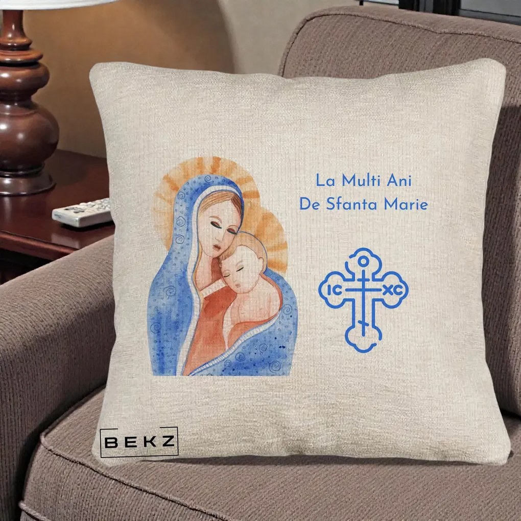 Cadou de Onomastica - Perna Personalizata Sfanta Marie Icoana Acuarela, 40x40 cm, Bej Canapea, Husa Detasabila, Perna Inclusa, BEKZ®