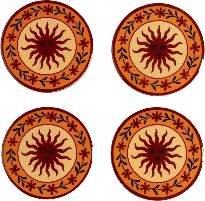 Suporturi de pahare din lemn de mango, set 4 bucăți, rotunde, cu soare și flori pictate, 10 cm, „Hélios”