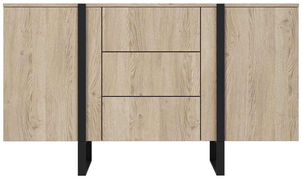 Comodă Verica 150 cm cu două uși și sertare - stejar biscuiți / picioare negre