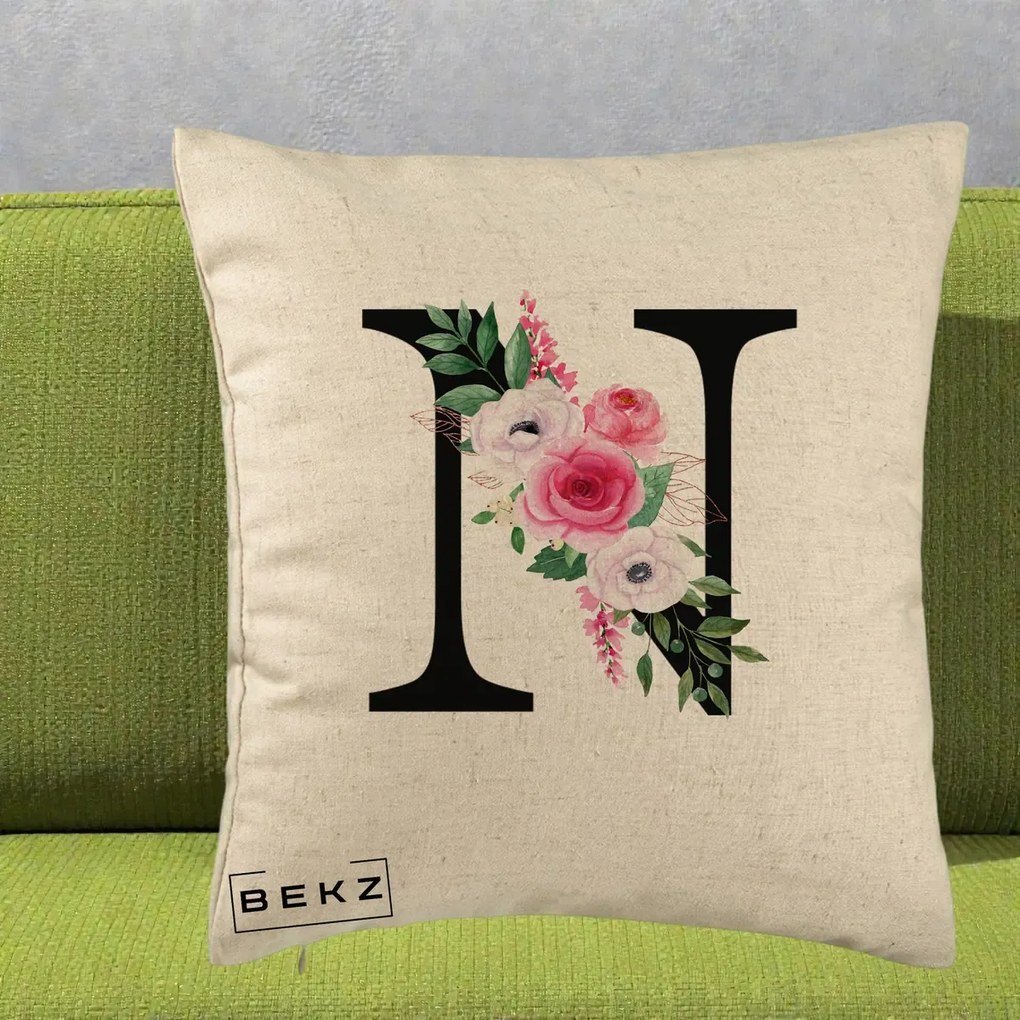 Cadou Personalizat - Perna Personalizata Monograma Florala Litera N, 40x40 cm, Bej, Husa Detasabila, Perna Inclusa, BEKZ®