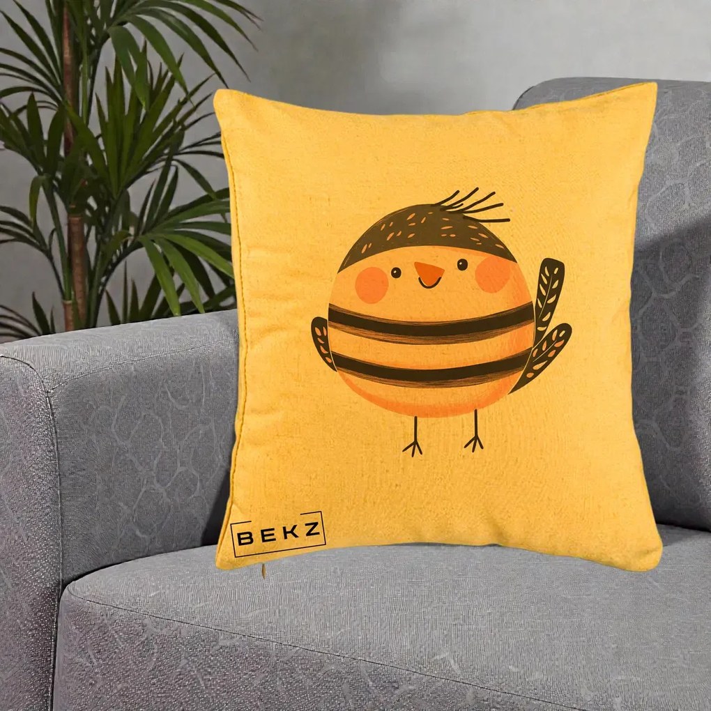 Perna Decorativa Pui Kawaii Bej-Negru Dungat, 40x40 cm, Galben, Husa Detasabila, Perna Inclusa, BEKZ®