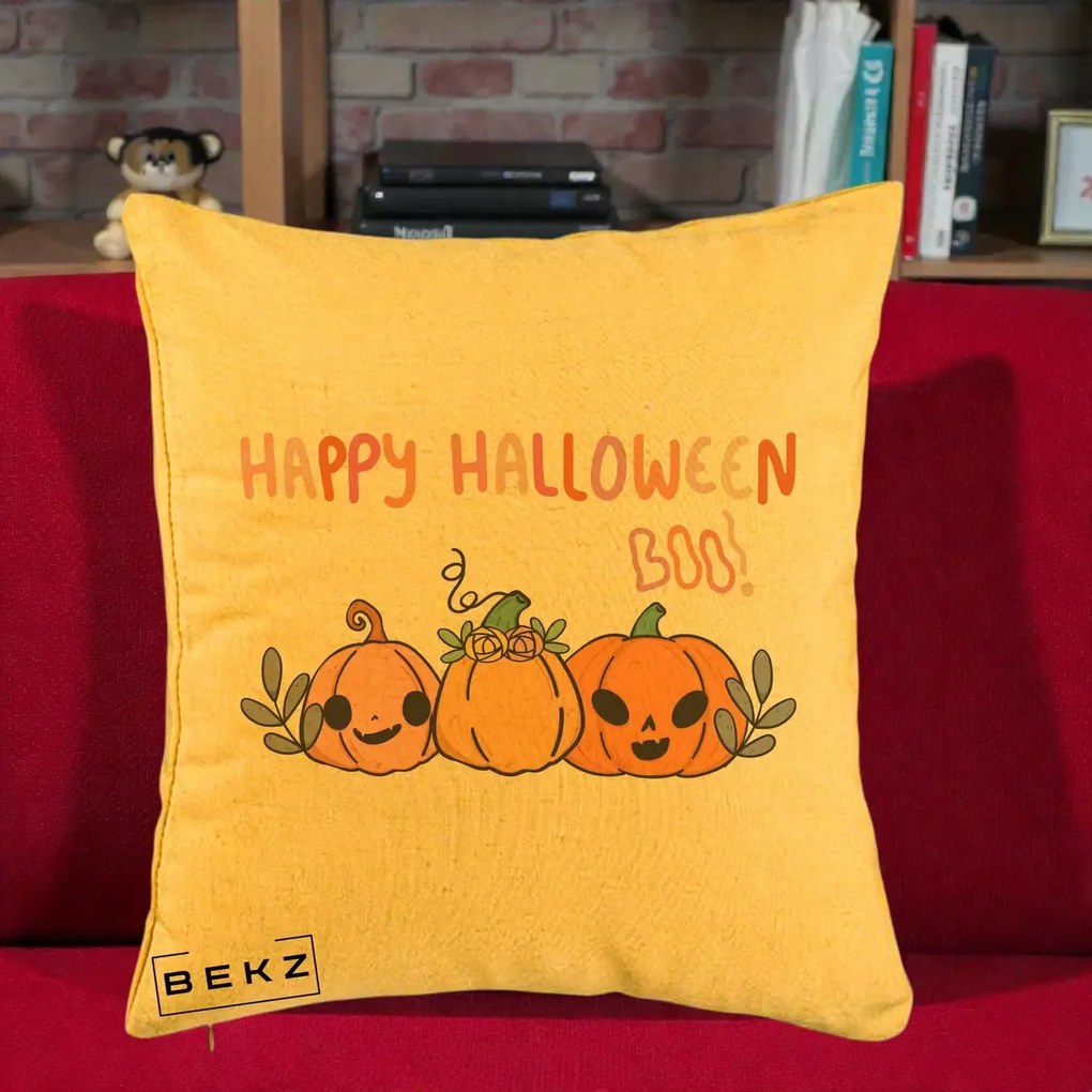 Perna Decorativa Happy Halloween Boo Trei Dovlecei Kawaii, 40x40 cm, Galben, Husa Detasabila, Perna Inclusa, BEKZ®