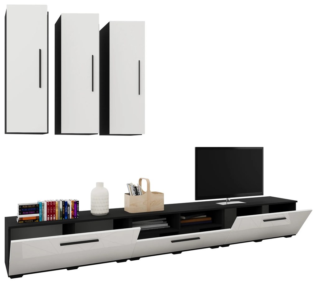 Living Kos V7, Negru/Alb Lucios, MDF, L 285 cm