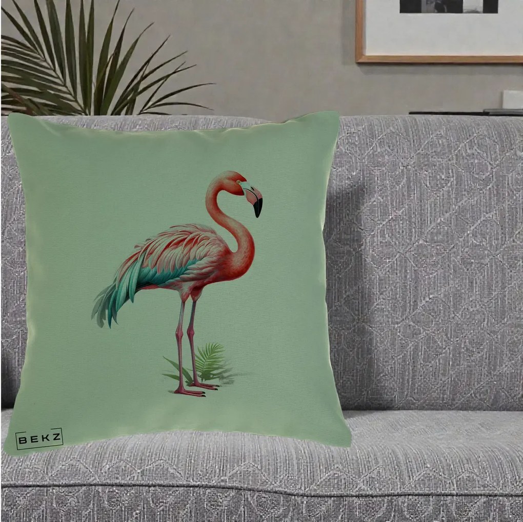 Perna Decorativa Flamingo Roz cu Pene Teal, 40x40 cm, Verde, Husa Detasabila, Perna Inclusa, BEKZ®