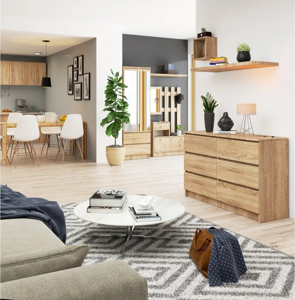 Comoda cu 6 sertare, PAL laminat, 120x40x77 cm, stejar sonoma