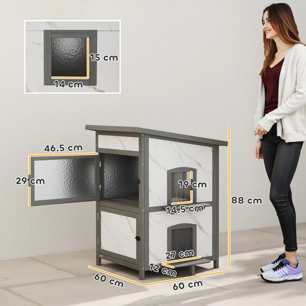 PawHut Căsuță pentru exterior, casă din lemn pentru pisici, intrări multiple, fereastră, rezistent la apă, 60 x 60 x 88 cm, Alb | Aosom Romania