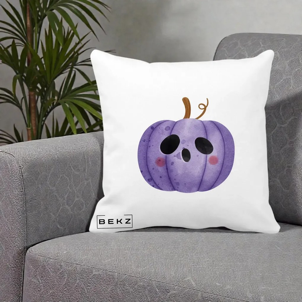 Perna Decorativa Dovleac Halloween Mov Kawaii, 40x40 cm, Alba Mata, Husa Detasabila, Perna Inclusa, BEKZ®