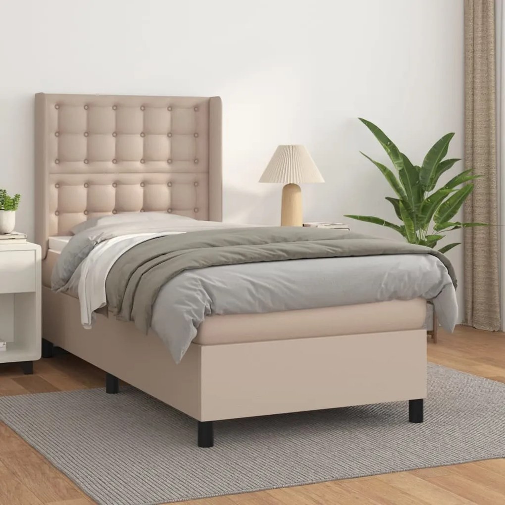 vidaXL Pat box spring cu saltea, cappuccino, 90x200 cm piele ecologică
