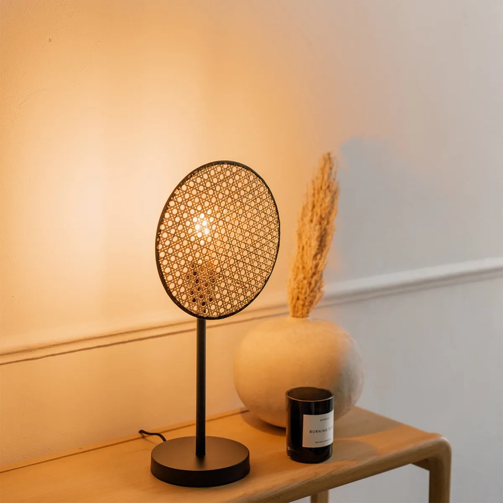 Lampă de masă rustică neagră cu ratan 25 cm - Kata