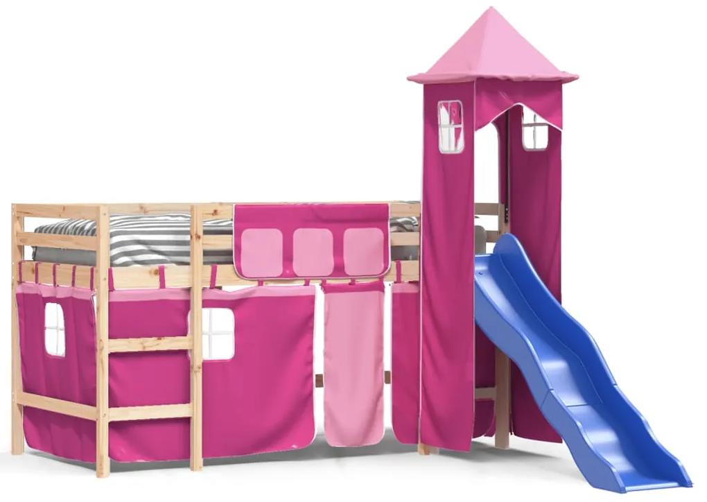 3207083 vidaXL Pat etajat de copii cu turn, roz, 90x190 cm, lemn masiv pin
