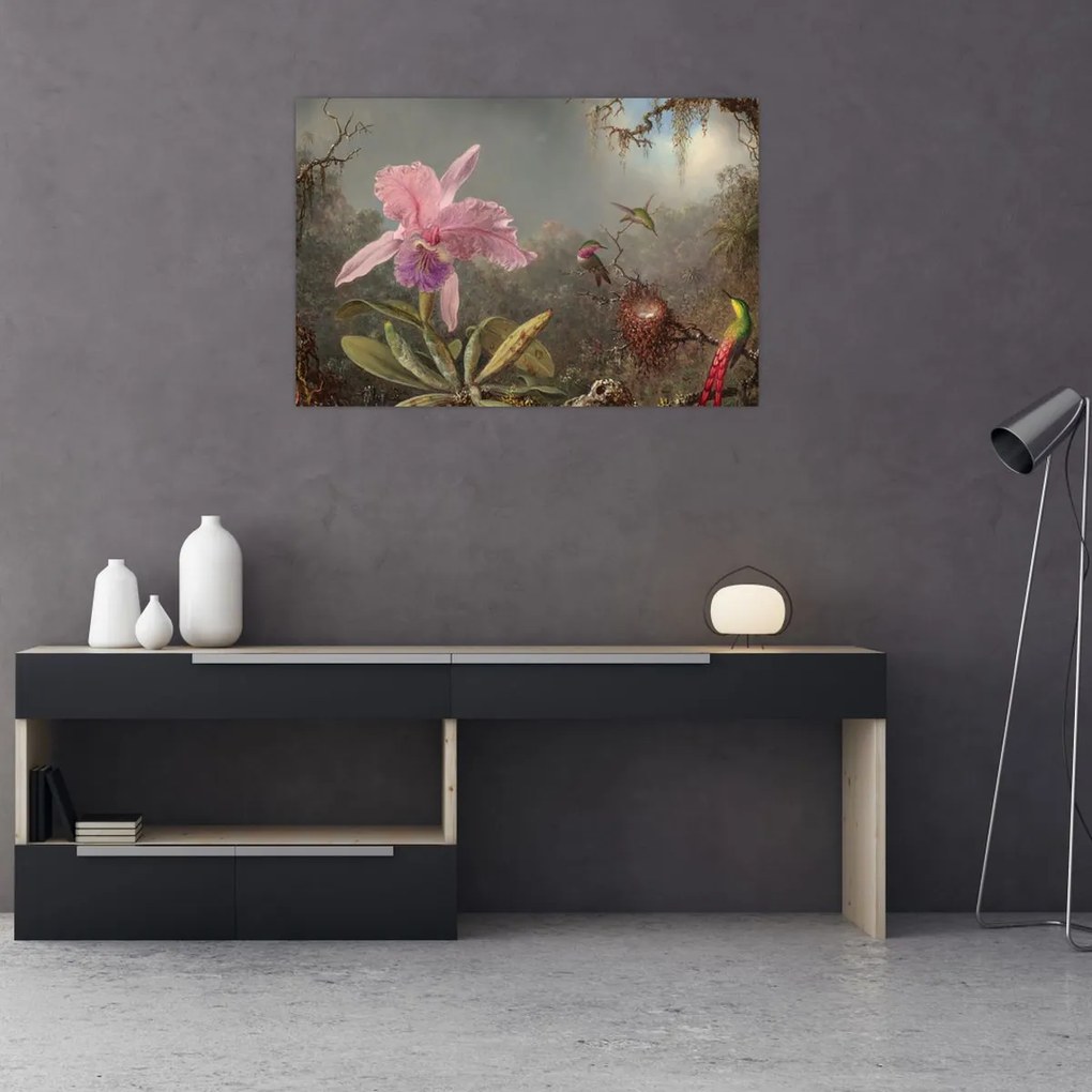 Tablou - Martin Johnson Heade, Cattleya Orchid and Three Hummingbirds, reproducere (90x60 cm)