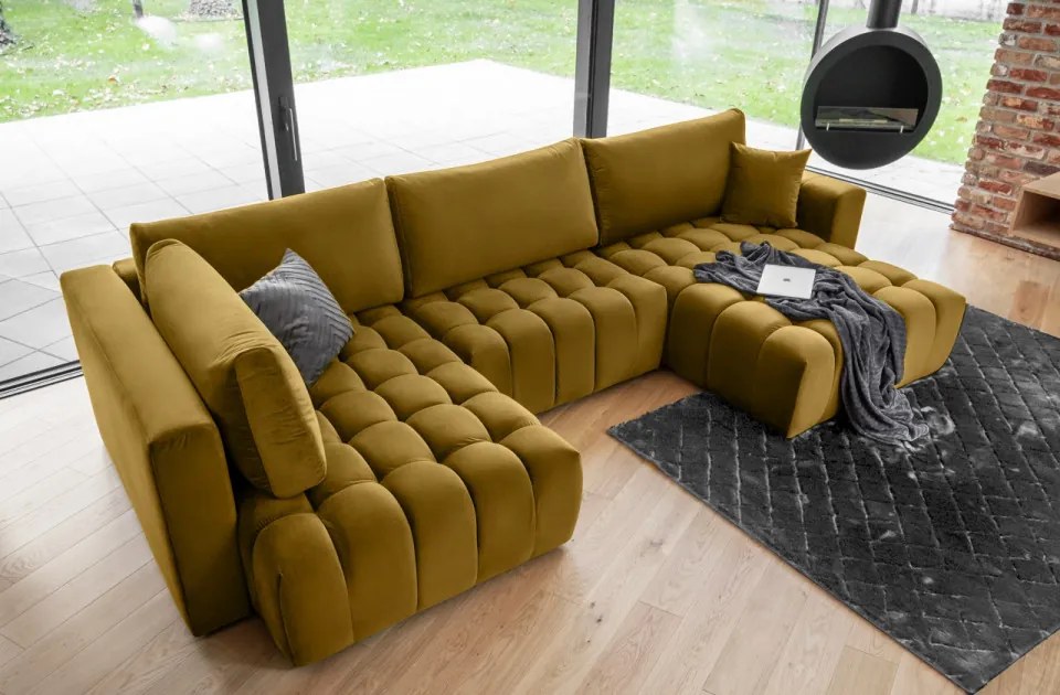 Canapea modulara tapitata, extensibila, cu spatiu pentru depozitare, 340x170x92 cm, Bonito R3, Eltap (Culoare: Verde lucios - Nube 35)