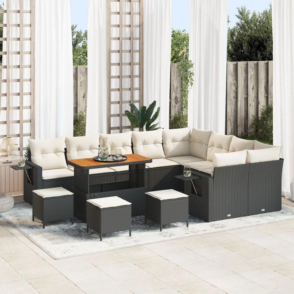 vidaXL Set de canapea de grădină cu 12 piese și perne, Negru, Poly Rattan Acacia