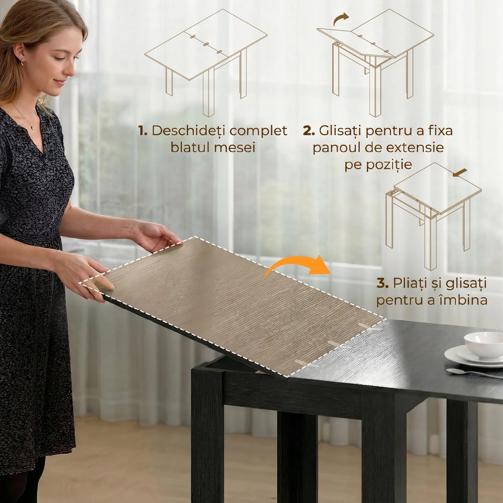 HOMCOM Masă Extensibilă de Sufragerie 4-6 Persoane, Negru | Aosom Romania