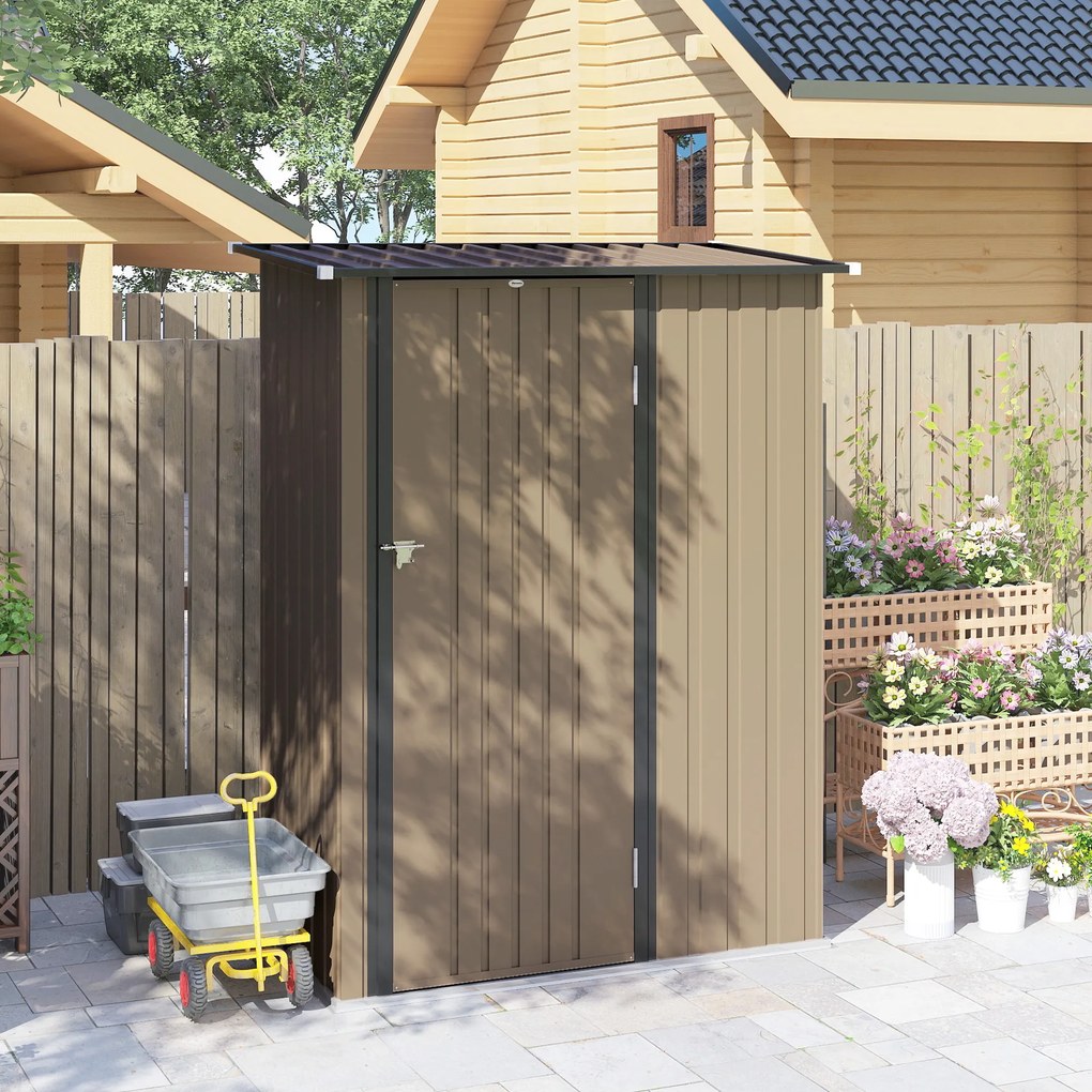 Outsunny Căsuță de Grădină 1.07m² din Oțel Zincat, Depozit pentru Unelte cu Ușă Blocabilă, Acoperiș Înclinat, 142x86x189 cm, Maro | Aosom Romania