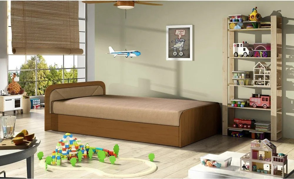 Pat galben ocru/bej tapițat/din placă aglomerată de lemn cu spațiu de depozitare cu saltea 80x190 cm Parys – ELTAP